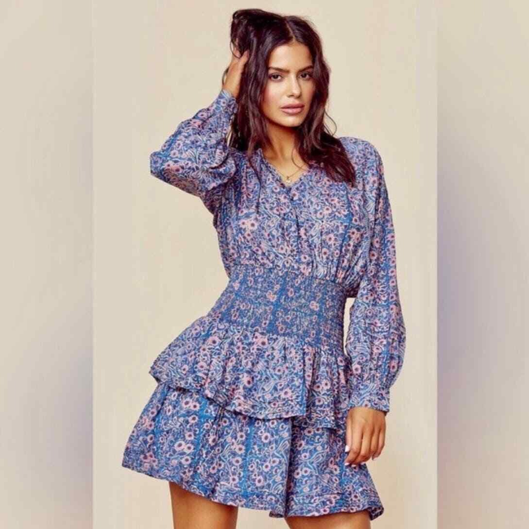 Cleobella Dress Womens Extra Large Blue Floral Smocked Waist Mini Tiered Ruffle
